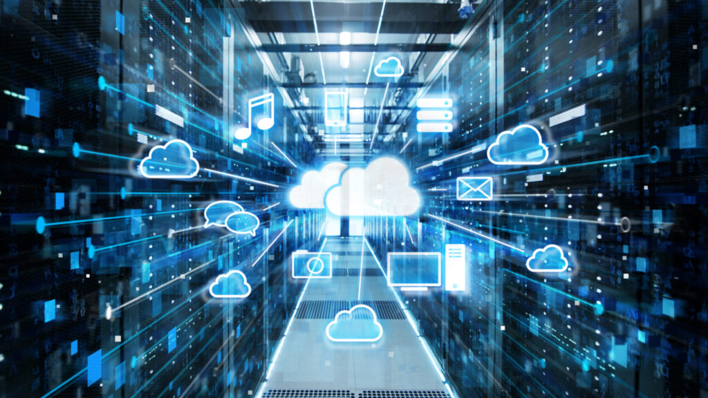 shot of corridor in working data center full of rack servers and supercomputers with cloud storage advantages icon visualization.